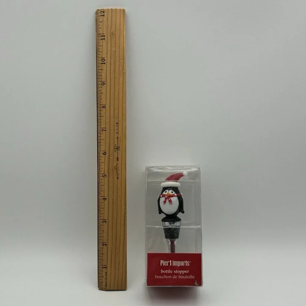 Pier 1 Imports Art Glass Penguin Wine Bottle Stopper Christmas Holiday Santa Hat